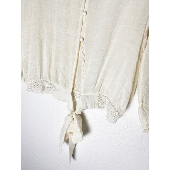 Sweet Wanderer Women's Cropped Sheer Beige Blouse Ruffle Whimsy Feminine Prairie - Picture 5 of 8